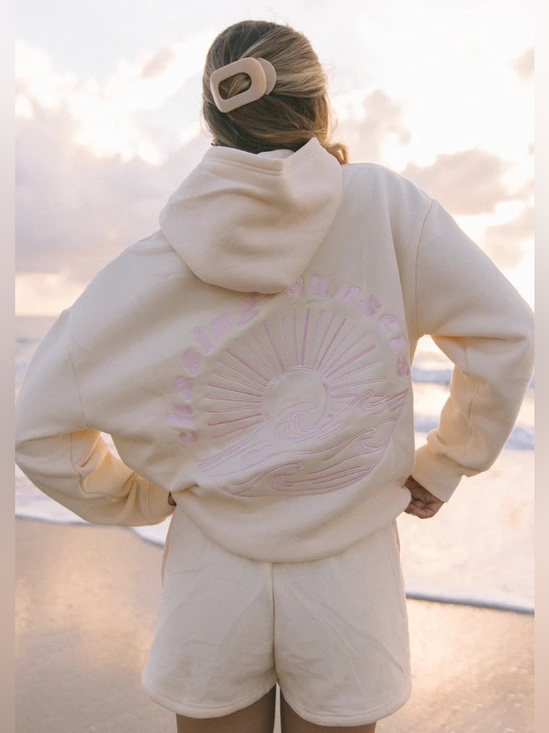 Pink Palm Puff Tops - PINK PALM PUFF Yellow Pink Chasing Sunsets Hoodie Size Large NWOT